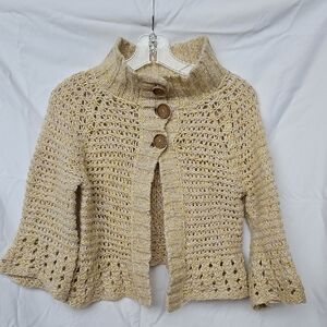 Free People Three Button Crocheted Metallic Accent Cardigan Sweater S